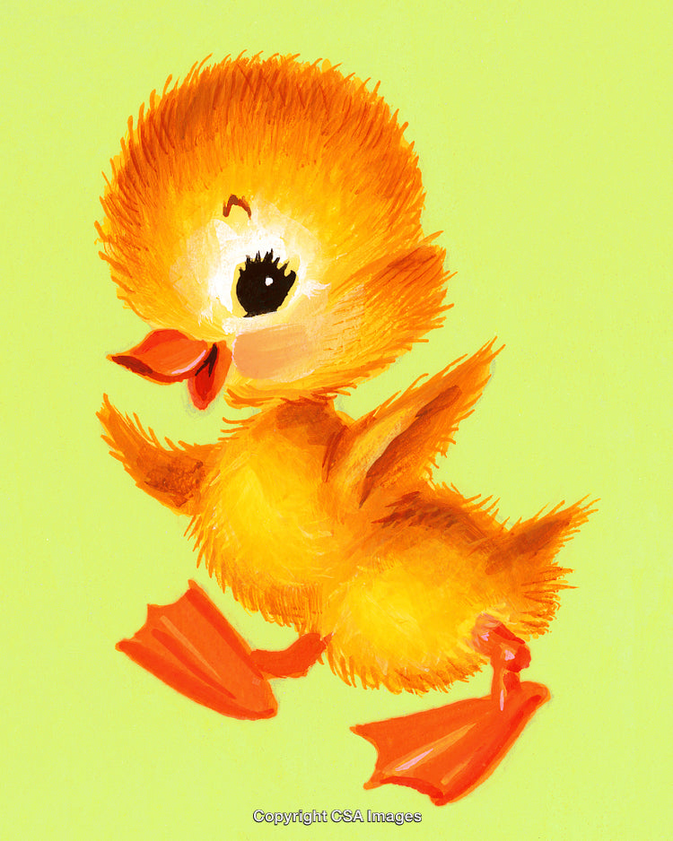 Illustration of a Cheerful Orange Duckling on a Lime Green Background