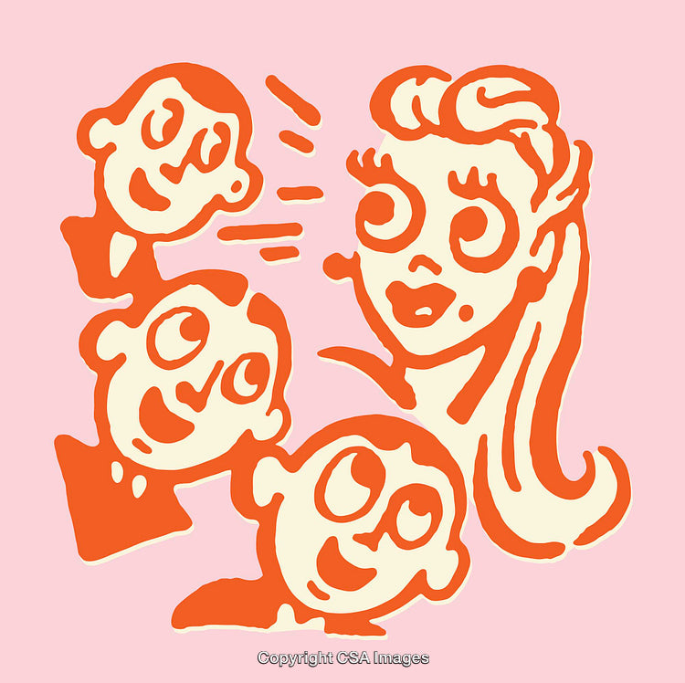 Whimsical Line Art Depiction of People Interacting in Bold Colors
