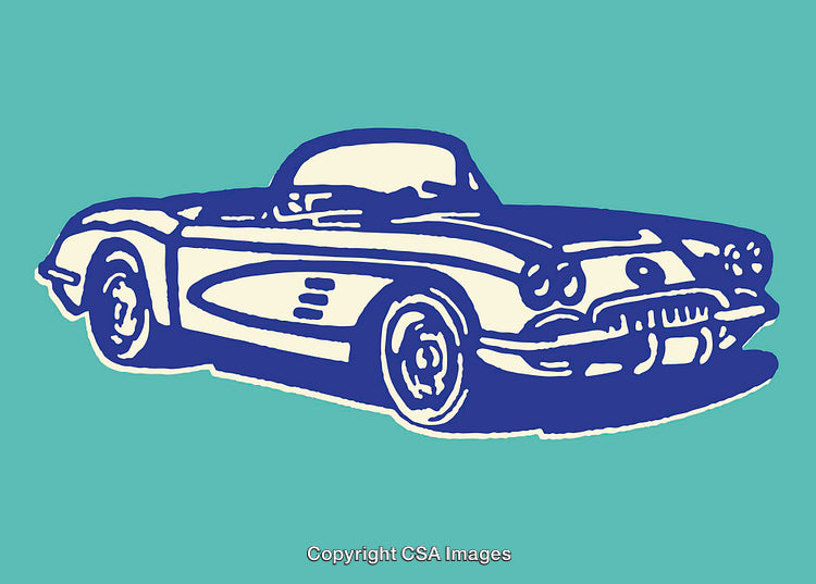Classic Convertible Car Illustration in Retro Line Art Style