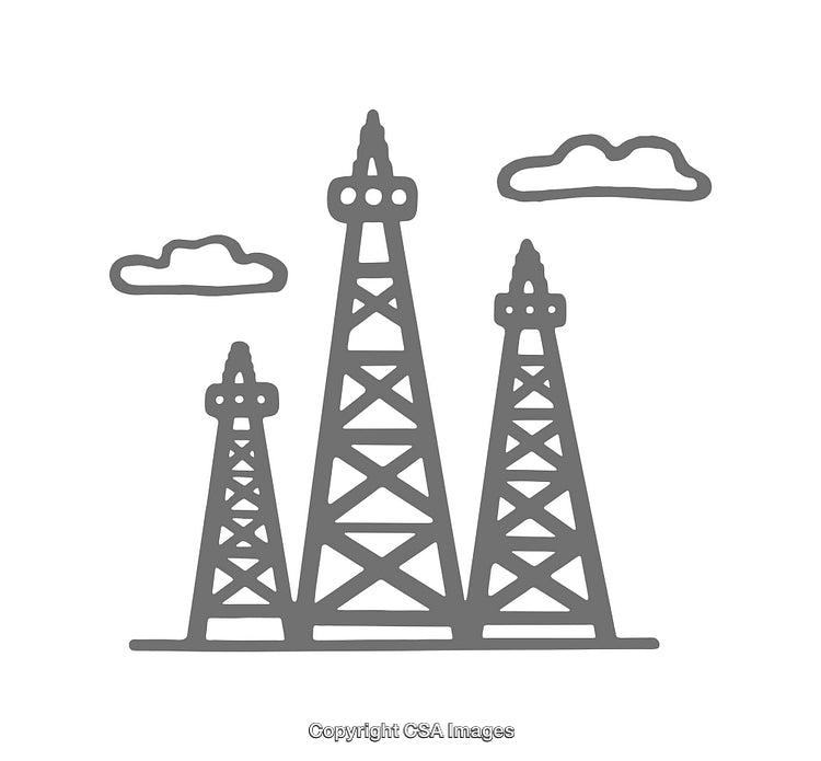 Stylized Icon of Three Oil Derrick Towers with Clouds