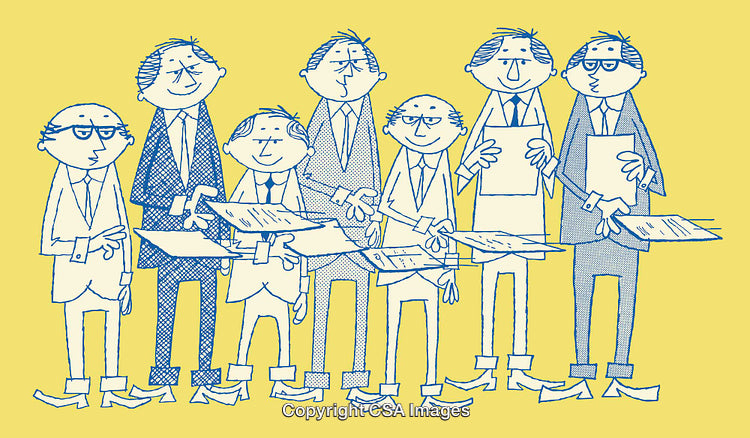 Cartoon Business Team Holding Papers on Yellow Background