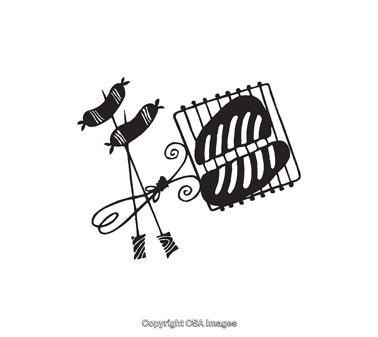 Black and White Line Art of Barbecue Grill and Sausages