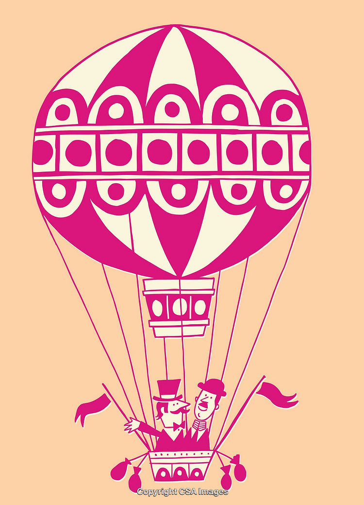 Whimsical Hot Air Balloon Journey with Victorian Styled Passengers