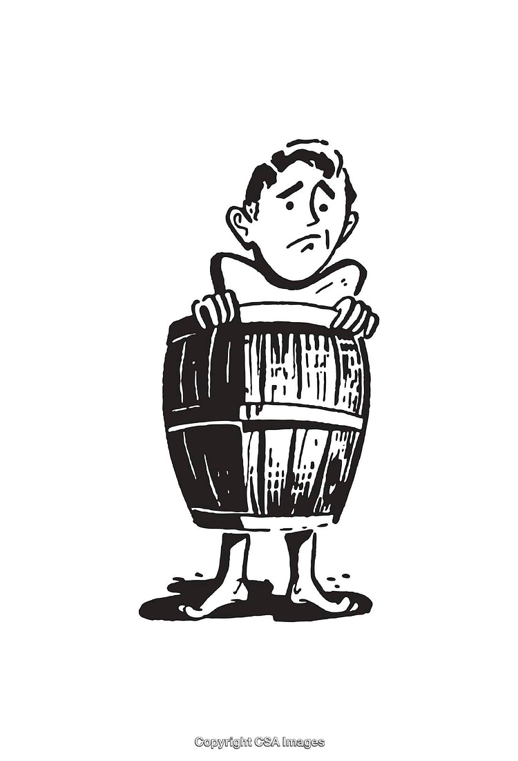 Vintage Black And White Illustration of a Man Inside a Wooden Barrel