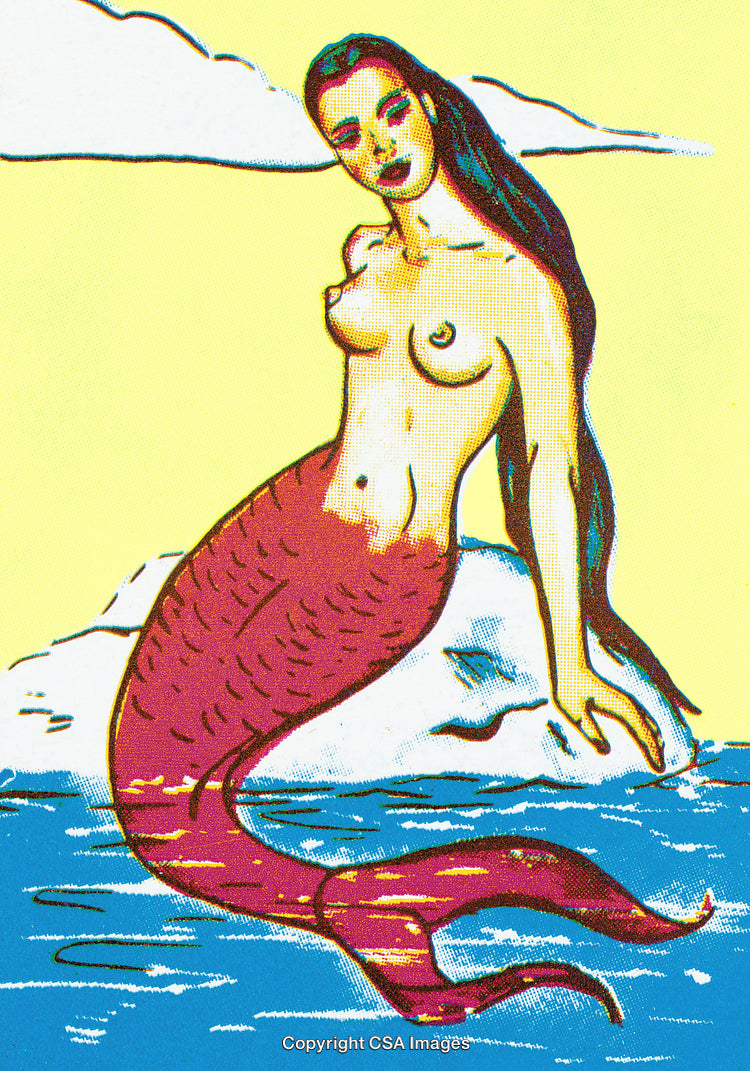 Vibrant Illustration of a Mermaid Sitting by the Sea on a Rock