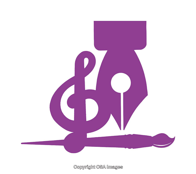Purple Icon Featuring a Pen Nib, Treble Clef, and Paintbrush Design