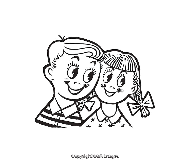 Vintage Style Line Art of Smiling Boy and Girl Cartoon Drawing