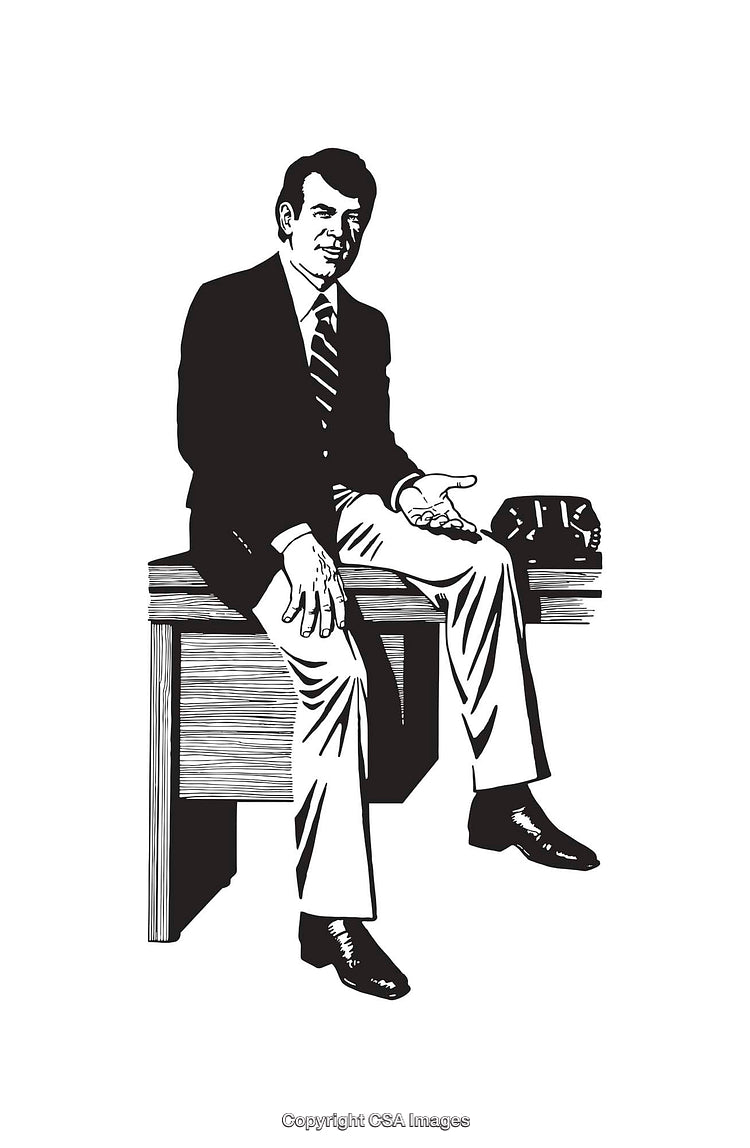 Black and White Line Art of a Man Sitting on a Desk
