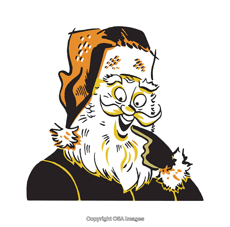 Vintage Illustration of Santa Claus Holding a Smoking Pipe, Smiling Joyfully