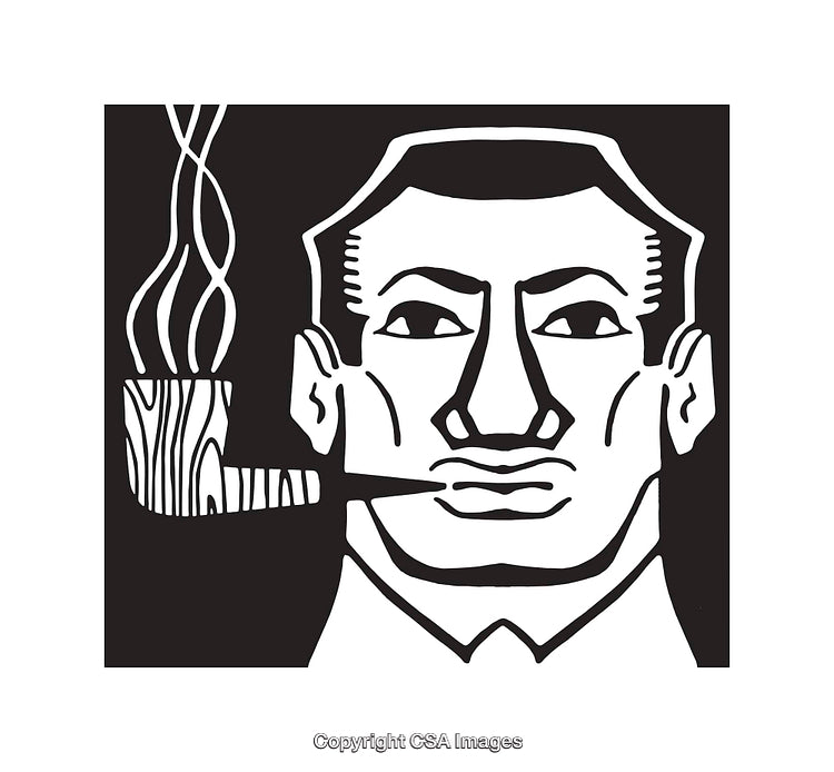 Retro Black and White Line Art Portrait with a Smoking Pipe