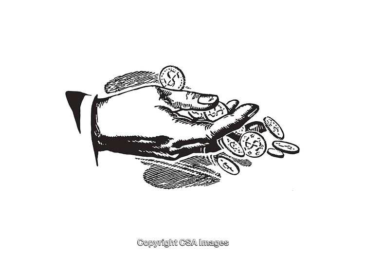 Illustration of Hand Holding Coins in Vintage Black and White Style