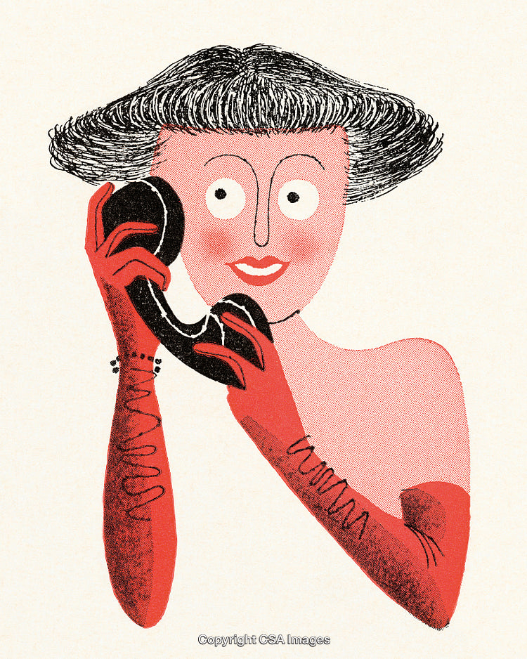 Stylized Illustration of Woman Talking on Vintage Telephone with Red Gloves
