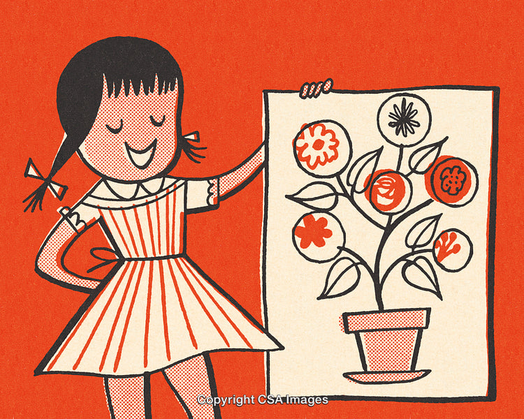 Cheerful Girl Displaying a Drawing of a Vibrant Flowering Plant Artwork