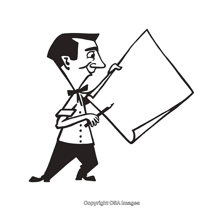 Retro Style Black and White Illustration of a Man Holding a Paper