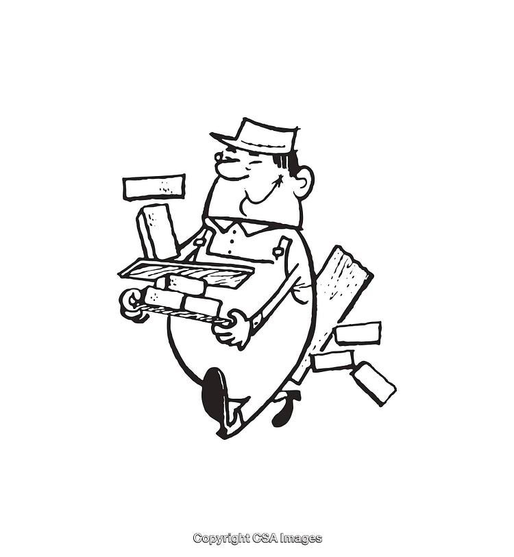 Black and White Cartoon Bricklayer Carrying Building Bricks and Tools