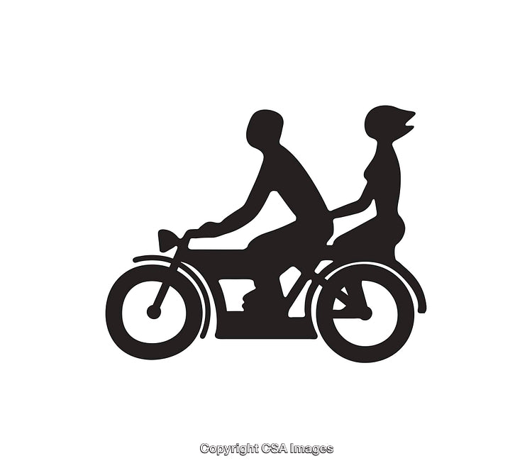 Silhouette of Two Individuals Riding a Motorbike in Black and White