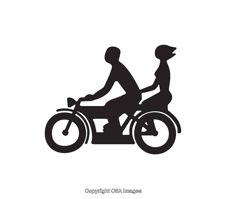Silhouette of Two Individuals Riding a Motorbike in Black and White