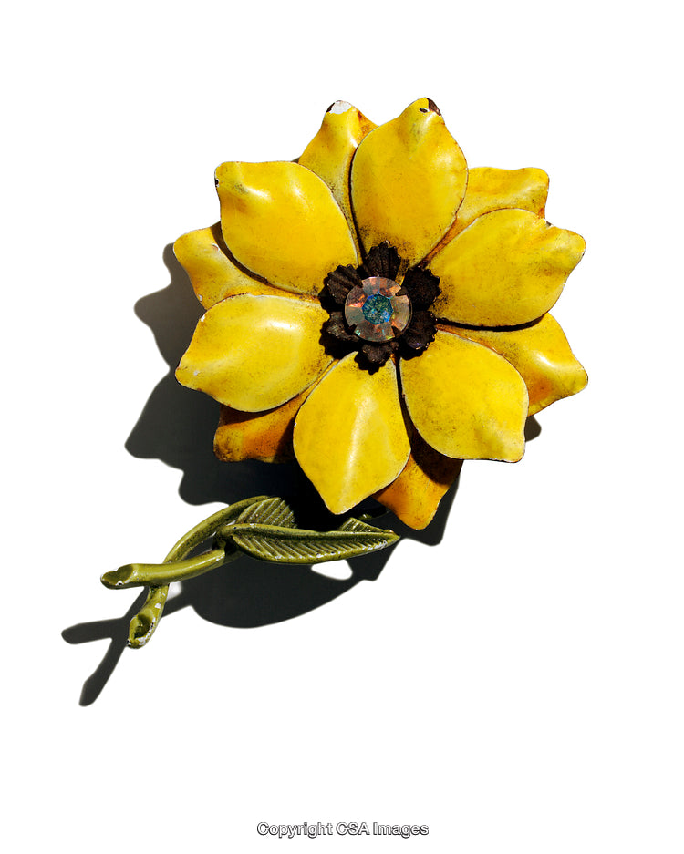 Yellow Flower Shaped Decorative Pin with Green Stem on White Background
