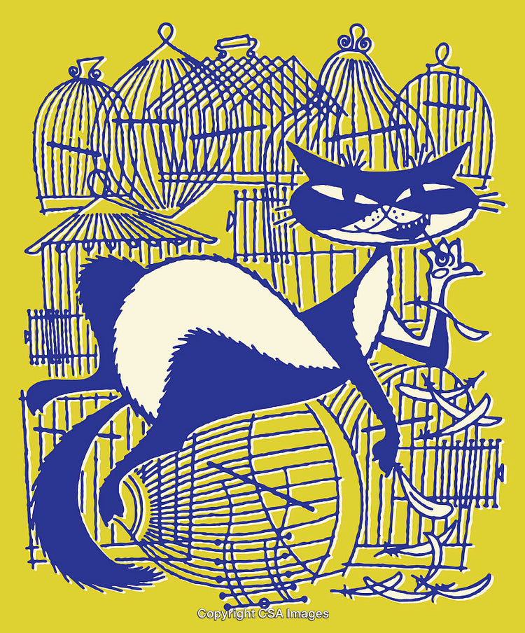 Stylized Cat Among Birdcages in Vintage Line Art Design on Yellow