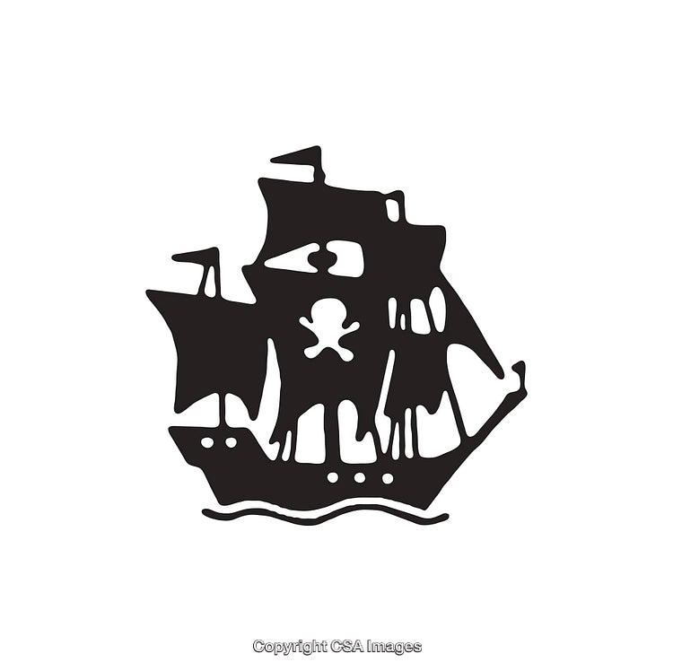 Black and White Illustration of a Pirate Ship with Skull Design