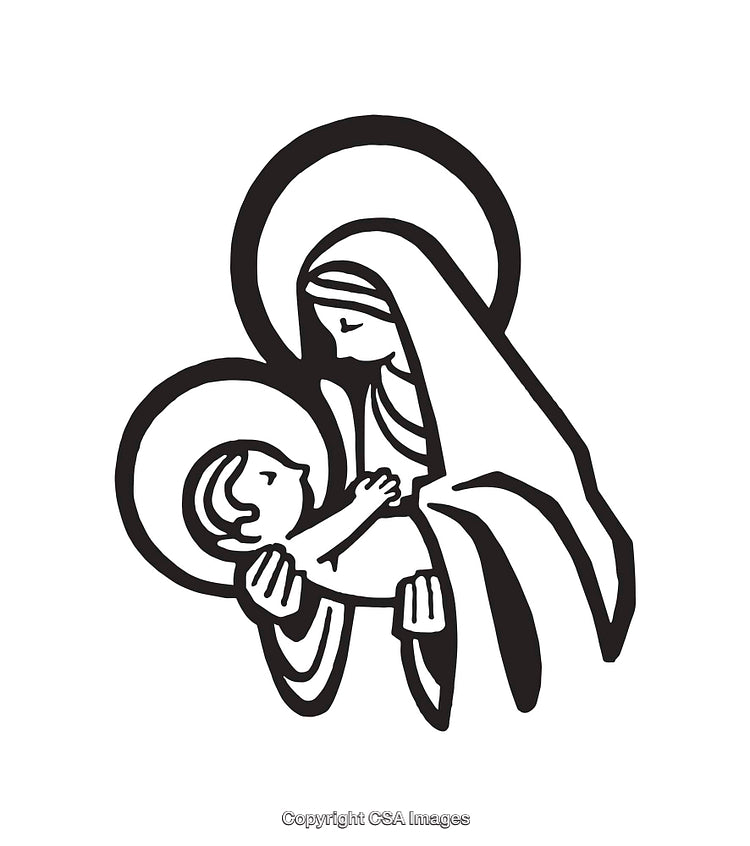 Black And White Line Art of Mother Holding A Child Close