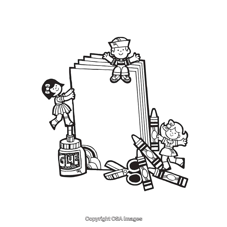 Black and White Line Art Illustrating Children and Art Supplies