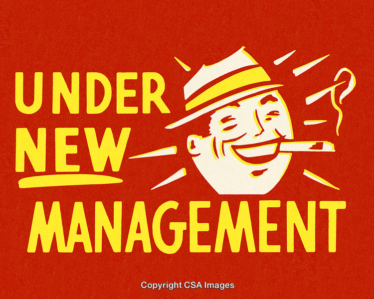 Retro Illustration with 'Under New Management' Text and Cheerful Character