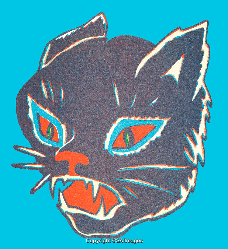Retro Style Illustration of a Fierce Cat Head on Blue Background