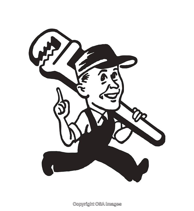 Retro Black And White Line Art Plumber Logo Holding Wrench