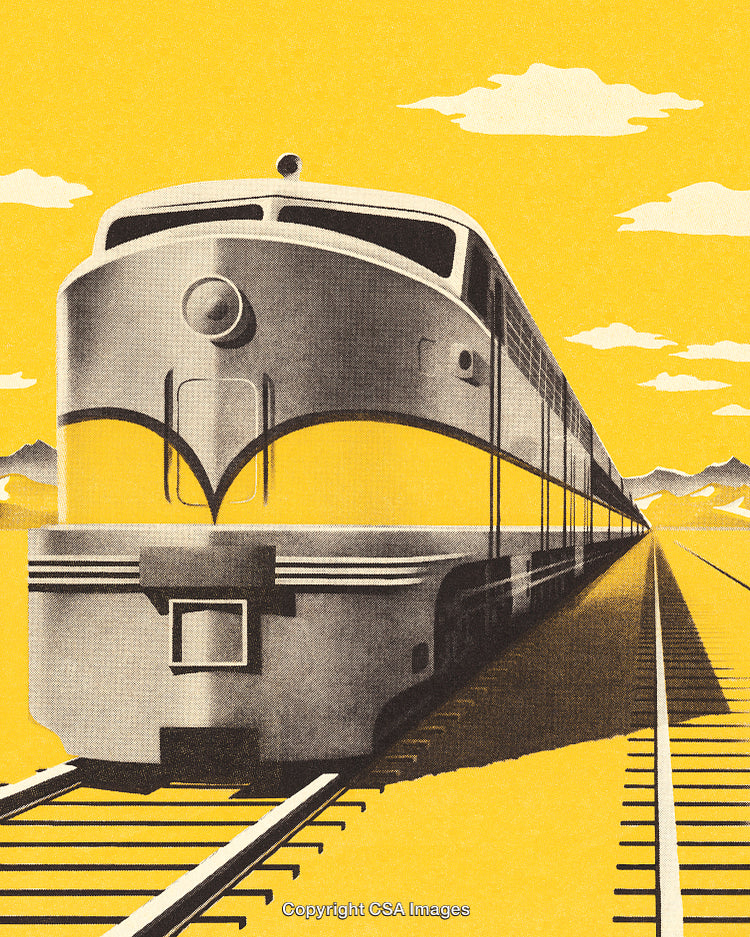 Vintage Illustration of a Train on Tracks with a Yellow Background
