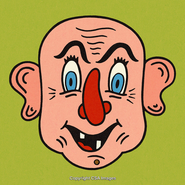 Whimsical Cartoon Face Design With Exaggerated Features on Green Background