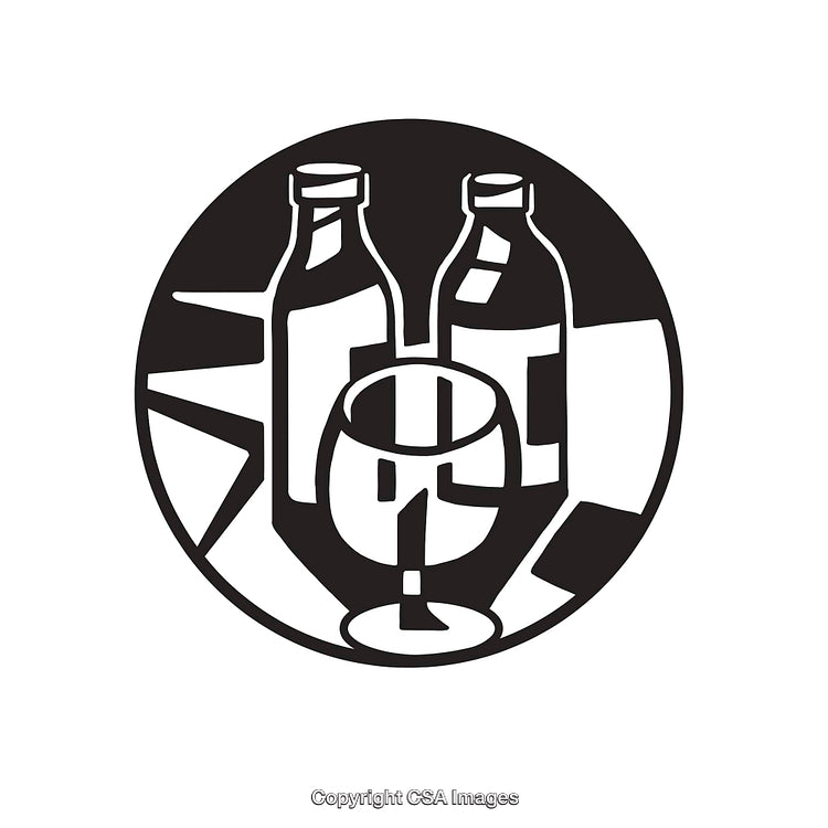 Black and White Line Art Illustration of Bottles and Glass Details