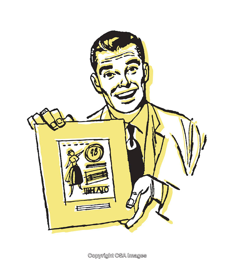 Retro Styled Illustration of a Smiling Man With a Promotional Poster