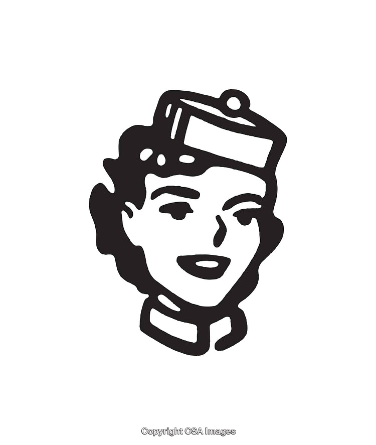 Retro Black and White Line Art of Smiling Woman Wearing Uniform Hat
