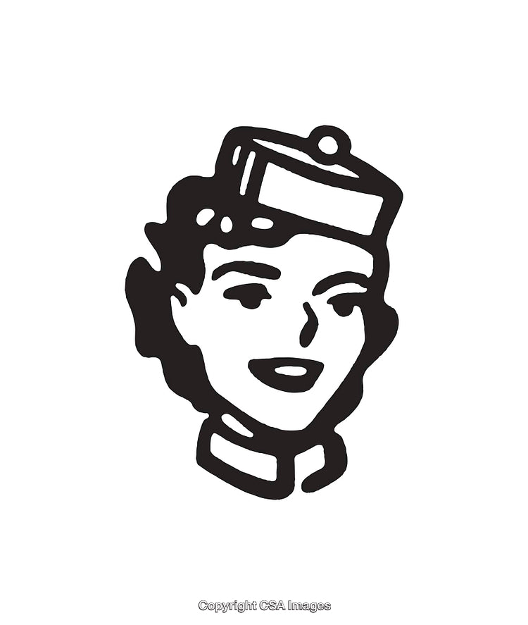 Retro Black and White Line Art of Smiling Woman Wearing Uniform Hat