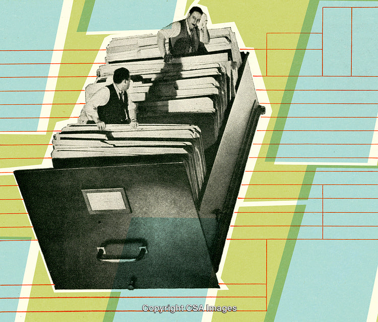 Abstract Business Conceptual Illustration with Filing Cabinets and Workers