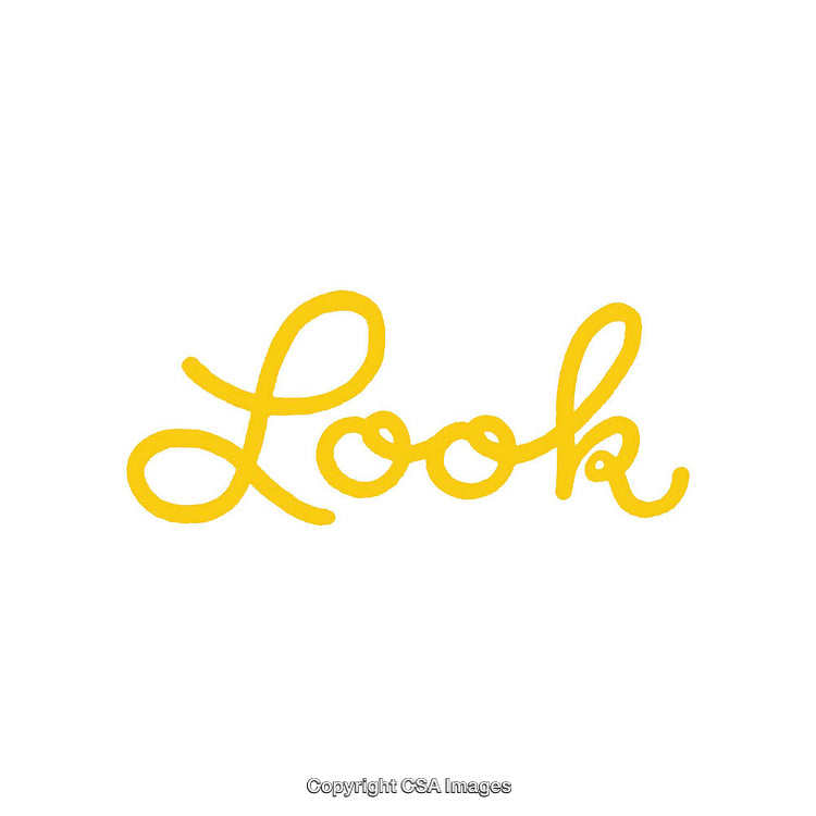 Yellow Handwritten Word 'Look' on a White Background
