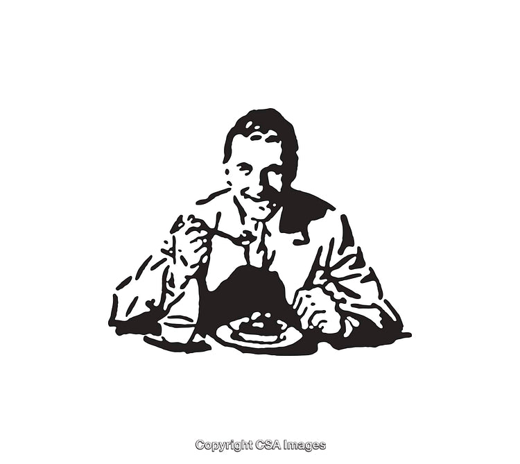 Black and White Line Art of Man Enjoying a Meal at a Table