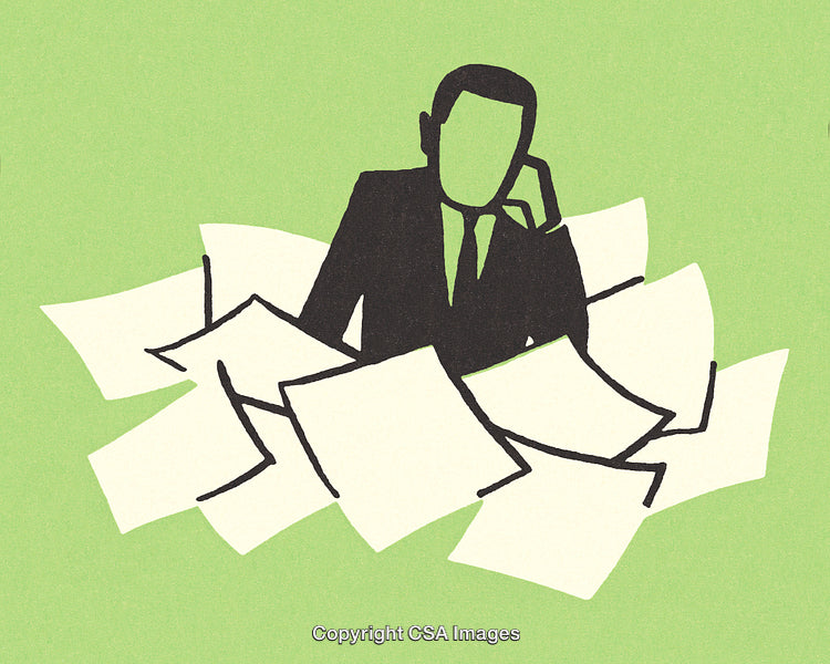 Businessman Overwhelmed With Paperwork and Responsibilities in Office Setting