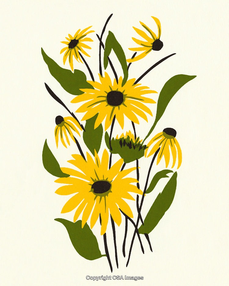 Bright Yellow Flowers with Green Leaves on a Light Background