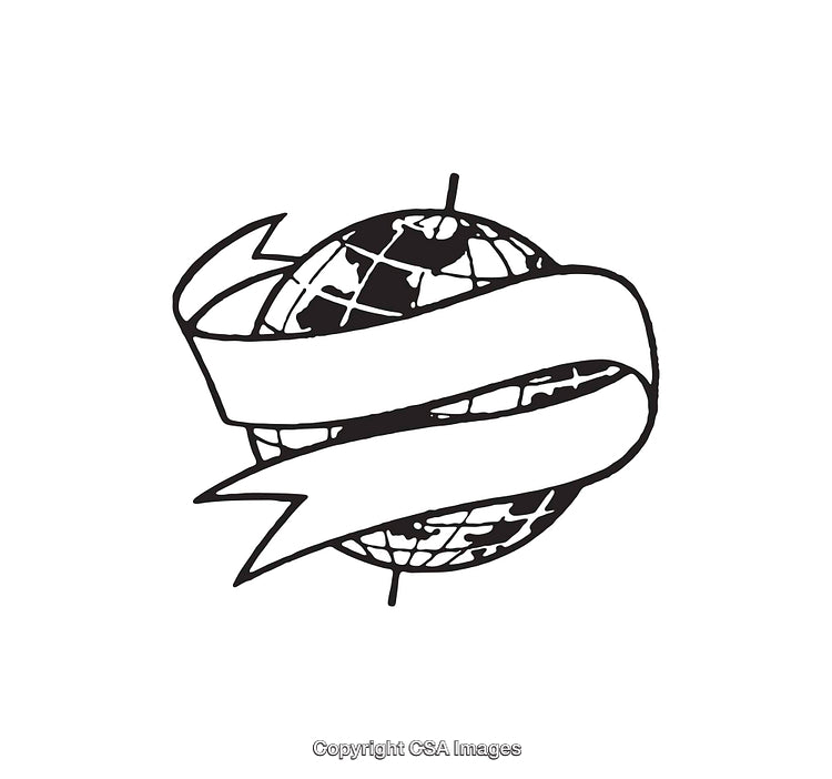 Black and White Globe Illustration with Blank Ribbon Overlay