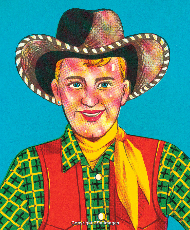 Fun Cartoon Cowboy Character in a Hat and Bold Shirt
