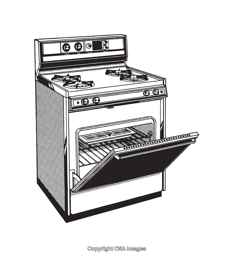 Vintage Black and White Line Art Illustration of a Classic Gas Stove