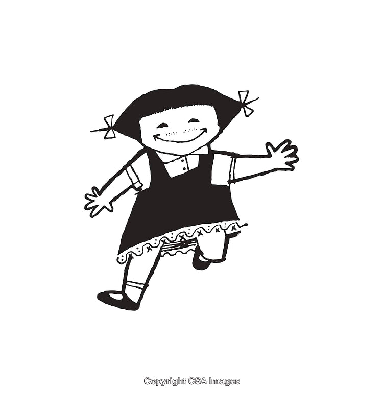 Illustration of a Cheerful Girl in Black and White Line Art