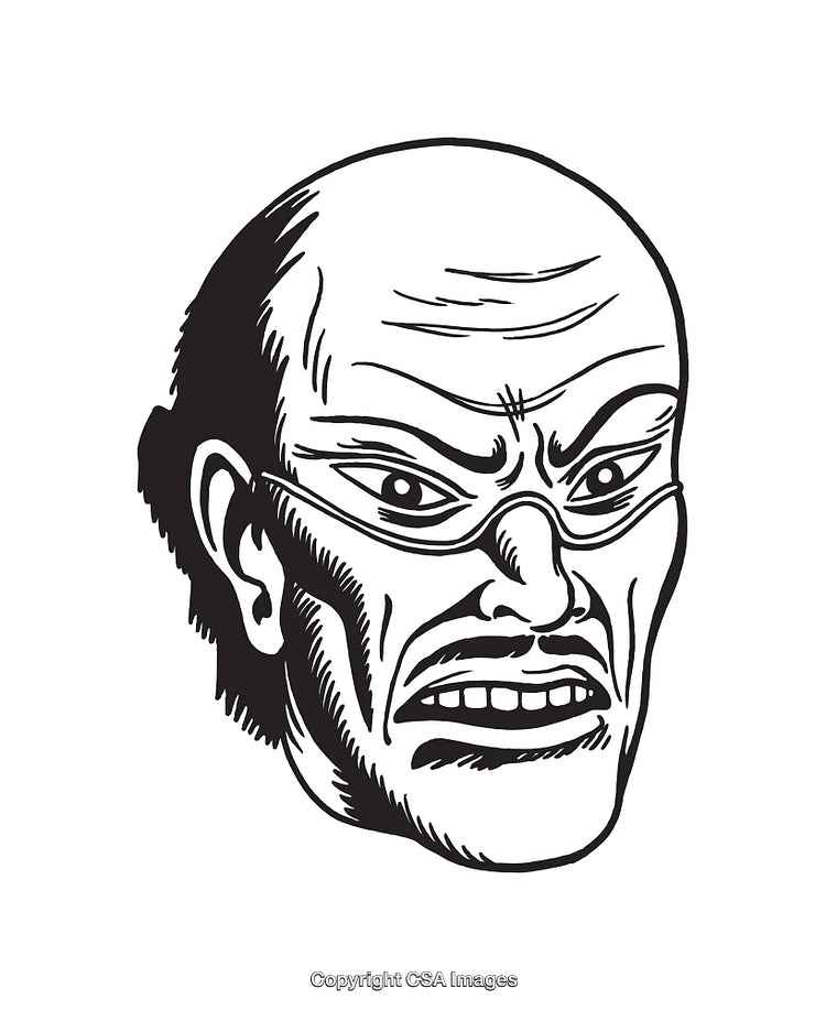 Black and White Illustration of an Aggressive Bald Man's Face