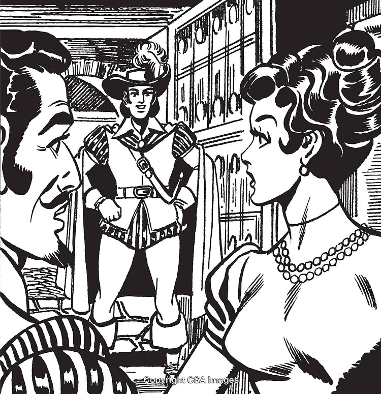 Vintage Illustration of a Historic Scene Featuring Three Characters