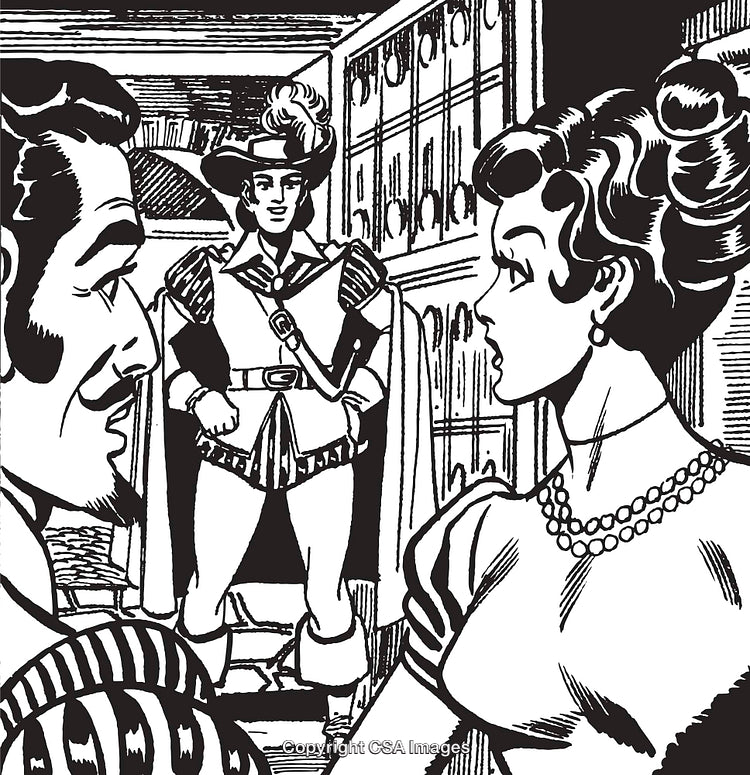Vintage Illustration of a Historic Scene Featuring Three Characters