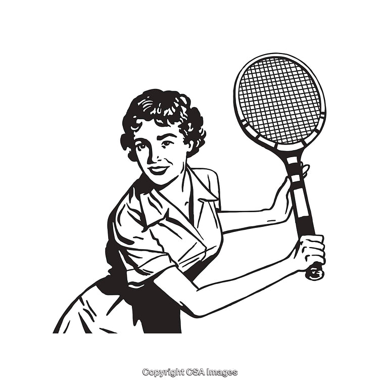 Retro Black and White Illustration of a Woman Playing Tennis
