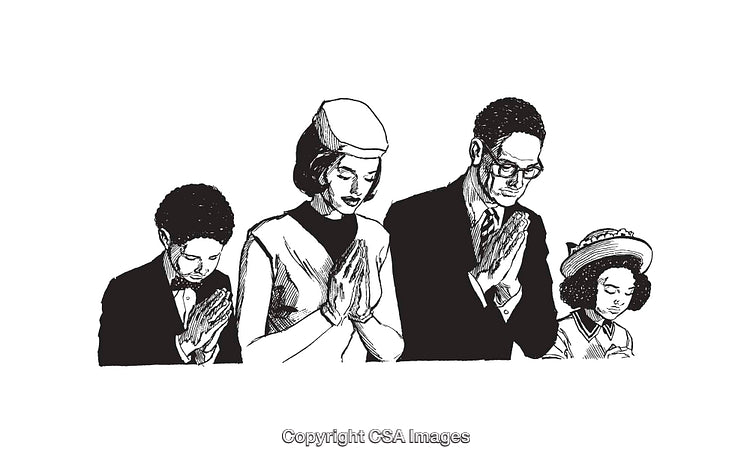 Black and White Line Art of a Family in Prayer