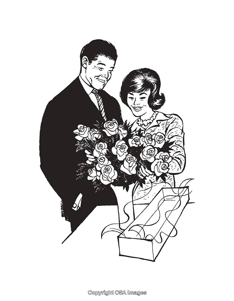 Romantic Gesture Illustration of Couple with Bouquet of Roses in Black and White
